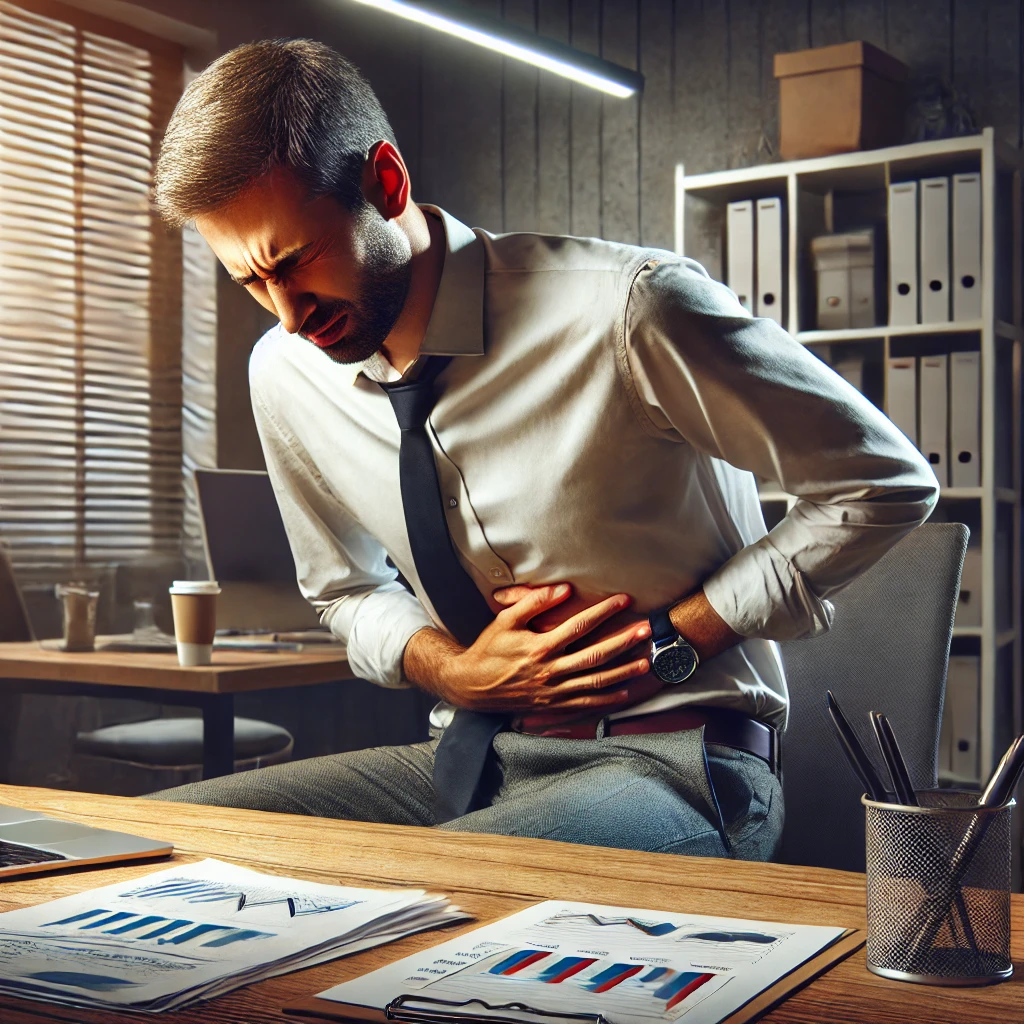 40대 직장인이 스트레스로 위가 아파하는 사진