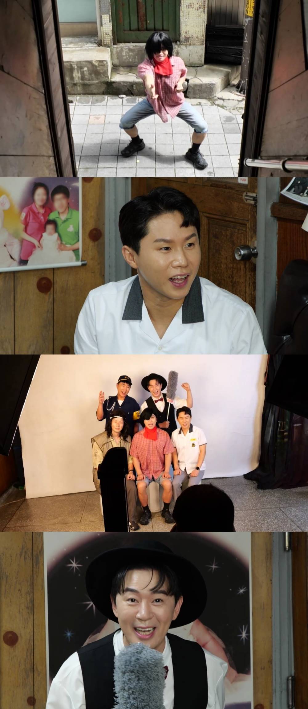 각자의 예전 캐릭터 의상을 입은 멤버들과 단체 촬영 장면을 모은 사진