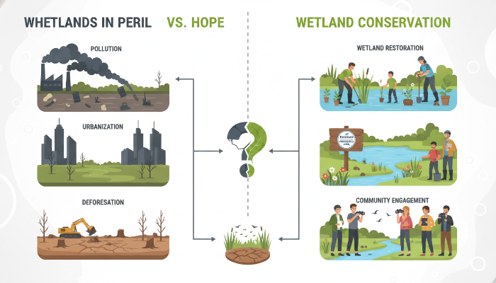 개발과 오염으로 위협받는 습지의 모습과 이를 복원하려는 인간의 노력을 대비하여 보여주는 인포그래픽. 습지 보호의 중요성을 강조합니다.