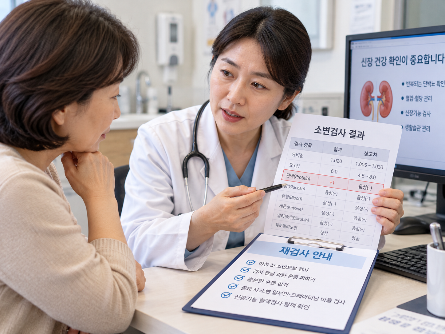 병원 진료실에서 소변검사 결과와 재검사 안내를 받는 중년 환자