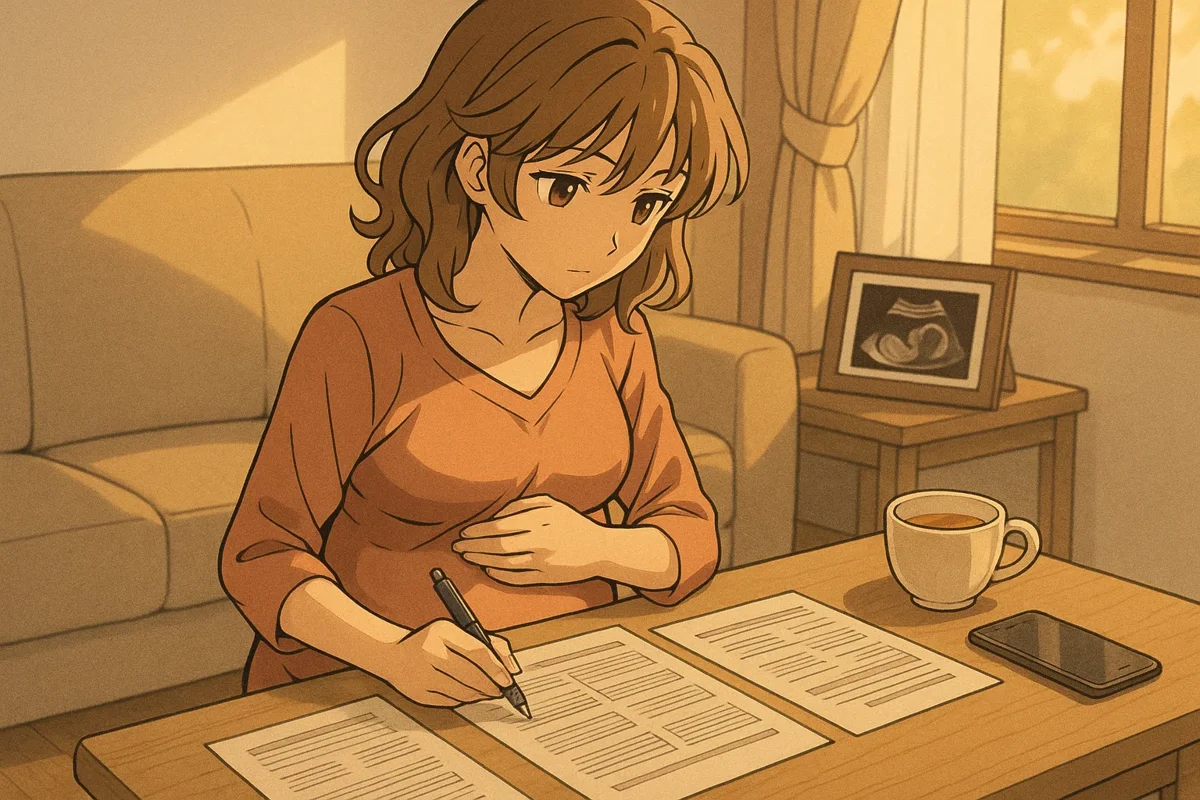 임신부가 태아보험 서류를 검토하고 있는 모습