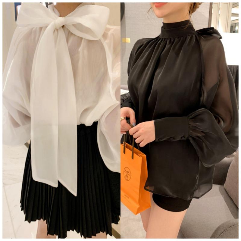 오간자블라우스 시스루 하이넥 왕리본블라우스