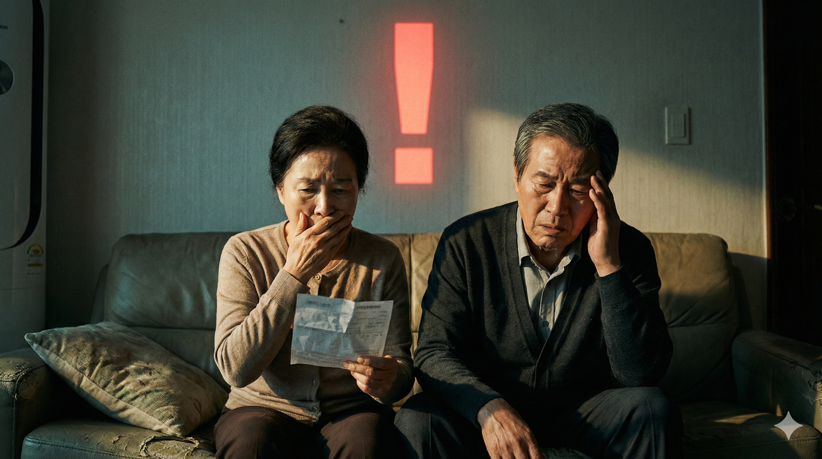 노부부가 건강보험료 고지서를 손에 들고 근심스러운 표정으로 앉아 있는 모습