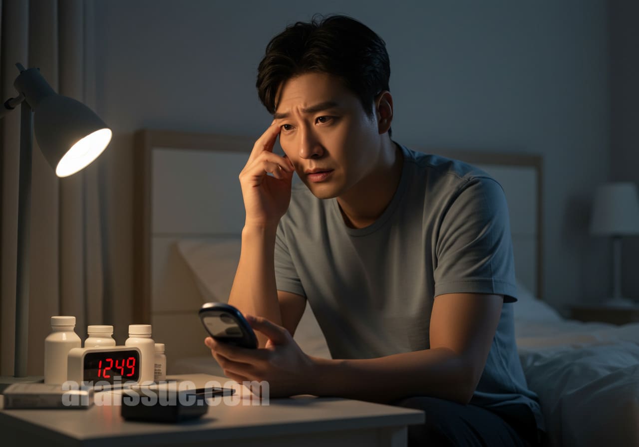 혈당 측정기를 들고 걱정하는 30대 남성