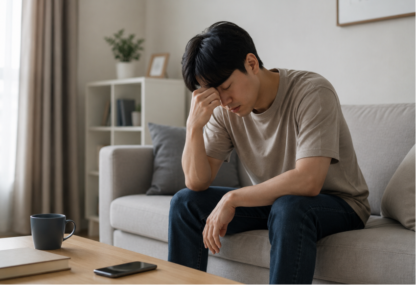 몸이 무거워 소파에 앉아 이마를 짚은 채 피곤한 표정을 짓고 있는 남성의 모습