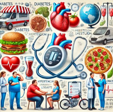 성인병 관련 그림, 비만인 사람, 패스트푸드, 의사들이 있는 사진