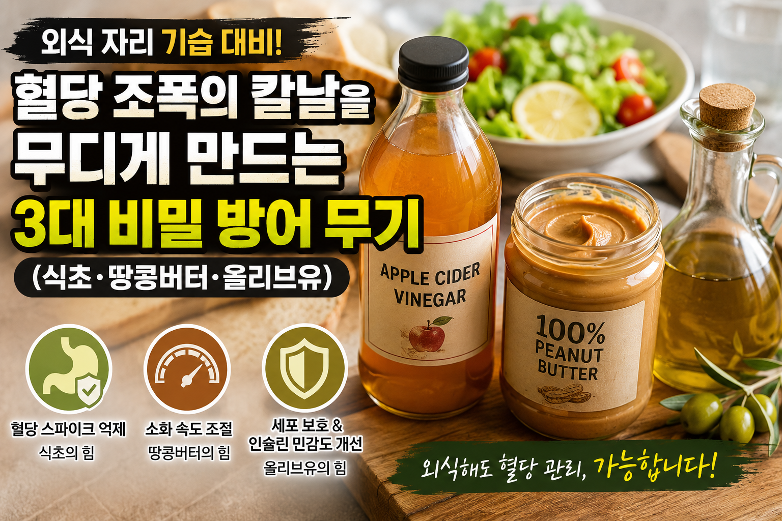외식 전 식초와 100% 땅콩버터, 엑스트라 버진 올리브유를 활용해 혈당 관리를 돕는 대표 식품 이미지