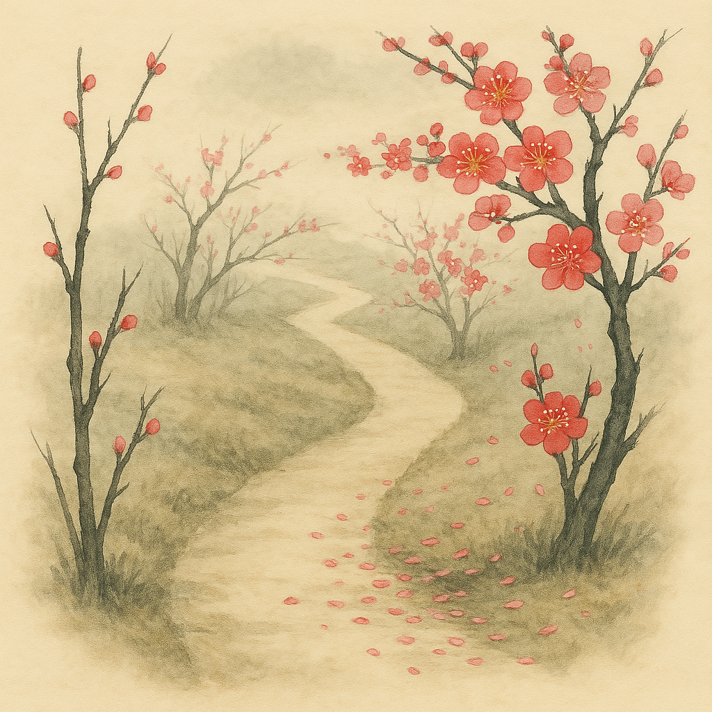 매화 정원 속 길. 길을 따라 섬세한 매화 봉오리(대운/세운의 시작), 만개한 매화(발복의 시기), 그리고 꽃잎이 흩날리는 매화(변화와 전환) 등 매화의 다양한 단계를 보여주며, 운명이 고정된 것이 아닌 주기적인 흐름임을 은유적인 표현