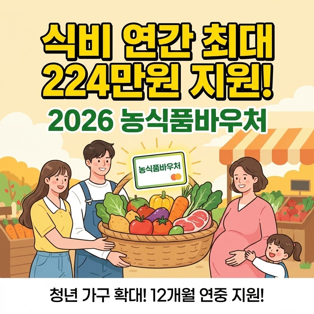 2026년 농식품바우처 가구원수별 지원 금액과 청년 가구 확대 내용, 신청 방법 및 구매 가능 품목을 한눈에 정리한 썸네일 이미지