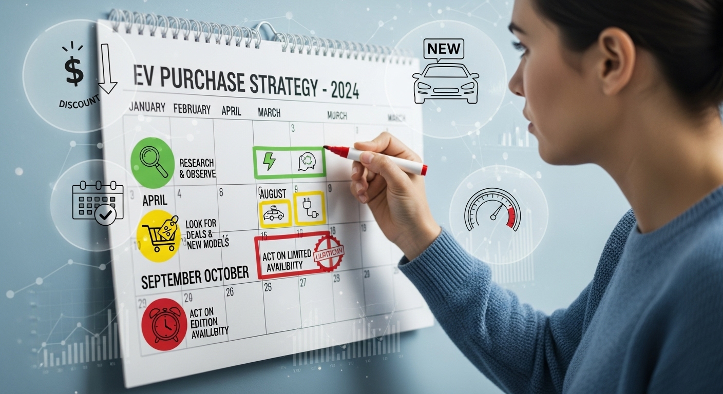 2026년 전기차 구매 전략을 세우는 사람이 달력을 보며 고민하는 모습.