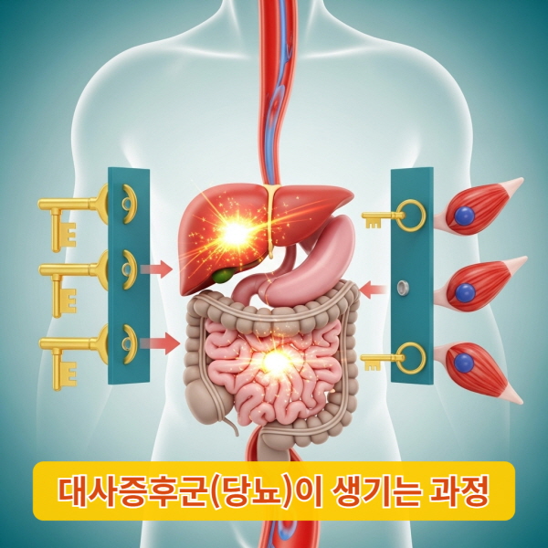 음식물이 소화되어 포도당으로 변하고 인슐린 열쇠가 세포 문을 여는 과정을 설명하는 인포그래픽