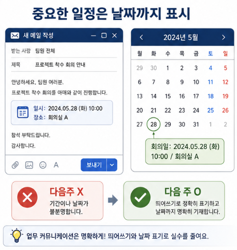 중요한 업무 일정은 차주라는 표현만 사용하기보다 정확한 날짜를 적고 다음 주는 띄어 써야 함을 안내한 이미지