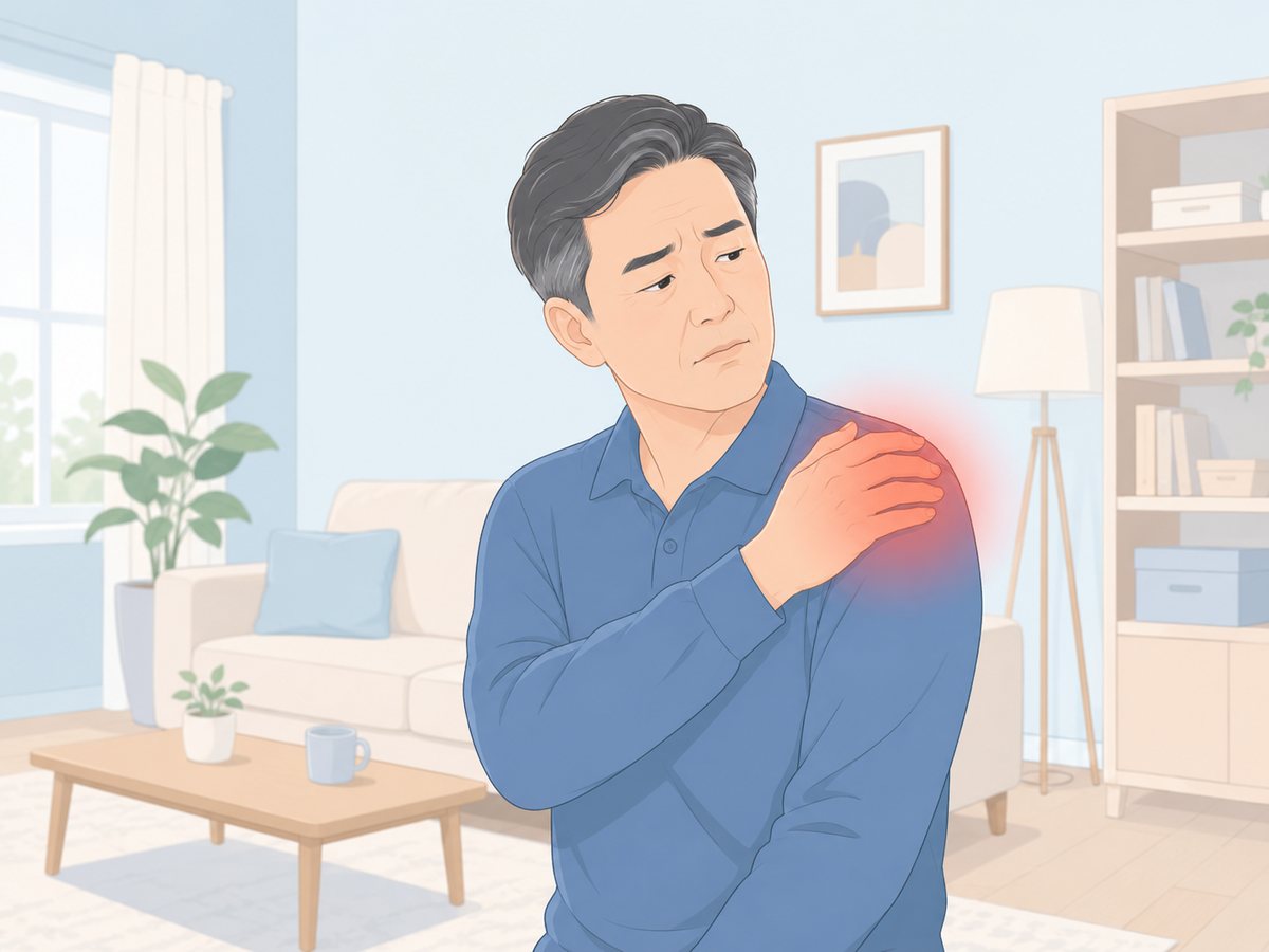 거실에서 한쪽 어깨를 손으로 감싸 쥐고 얼굴을 찡그린 중년 남성, 아픈 어깨 부위가 붉게 표시됨