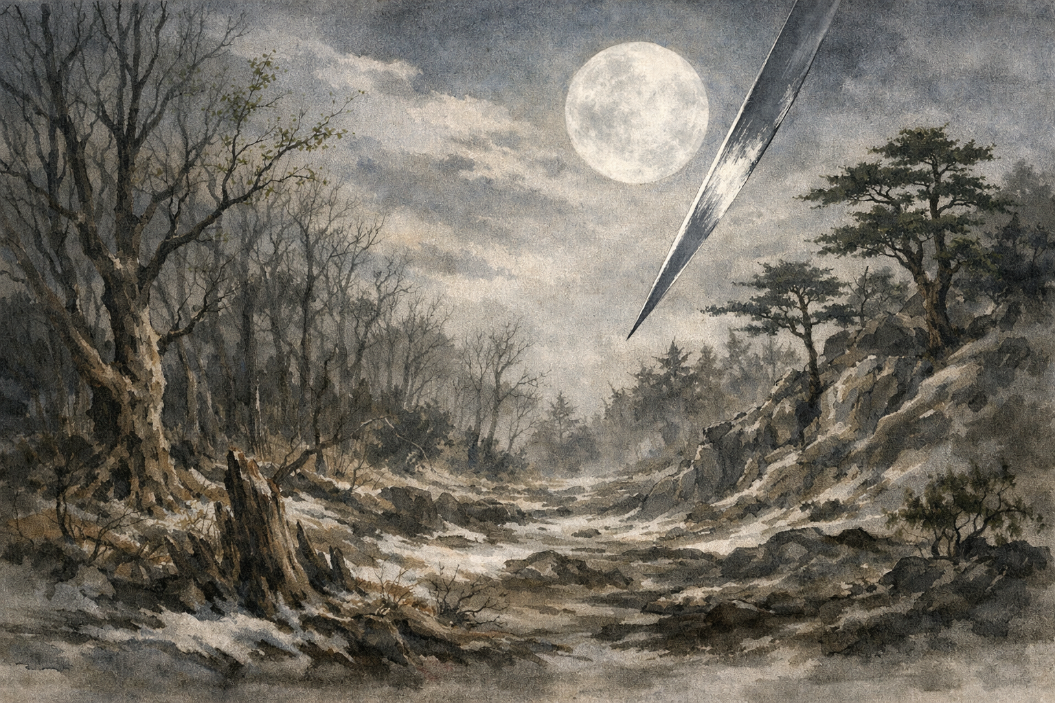 경인월 수채화 수묵화 일러스트, 초봄 숲 위로 내려오는 경금의 날카로운 기운을 한국적 수묵화 스타일로 표현한 웅장한 가로형 그림