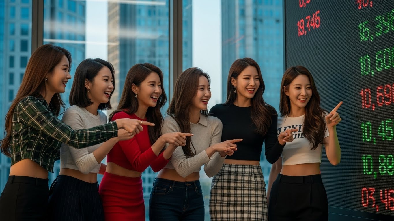 주식을 보며 즐거워하는 여성들