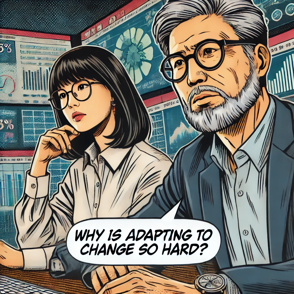 중장년층의 남성과 여성이 새로운 기술 적응의 어려움에 대해 토론하고 있음