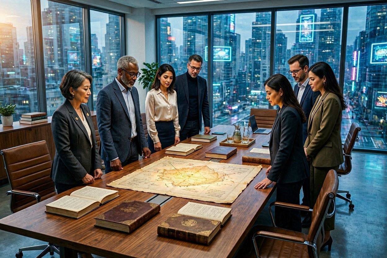 Global tech executives in a modern boardroom looking out over a futuristic city, gathered around a table studying glowing ancient philosophical texts and historical maps instead of laptops.