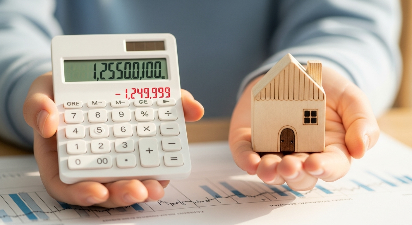 계산기로 월세 부담이 줄어드는 것을 확인하며 안도하는 청년의 손, 재정 계획과 지원 혜택을 상징합니다.