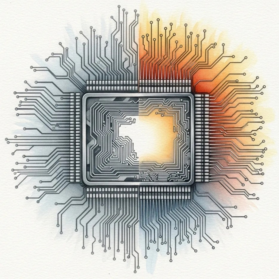 구식과 신식 회로가 공존하는 반도체 칩 이미지