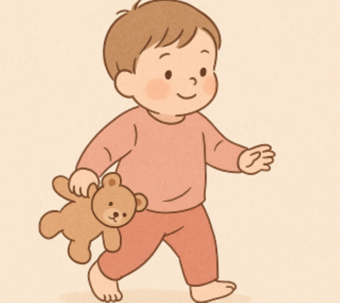 곰인형을 손에 들고 활짝 웃으며 걸어가는 어린 아기의 일러스트. 아기 예방접종 일정 안내에 사용할 수 있는 귀여운 이미지.