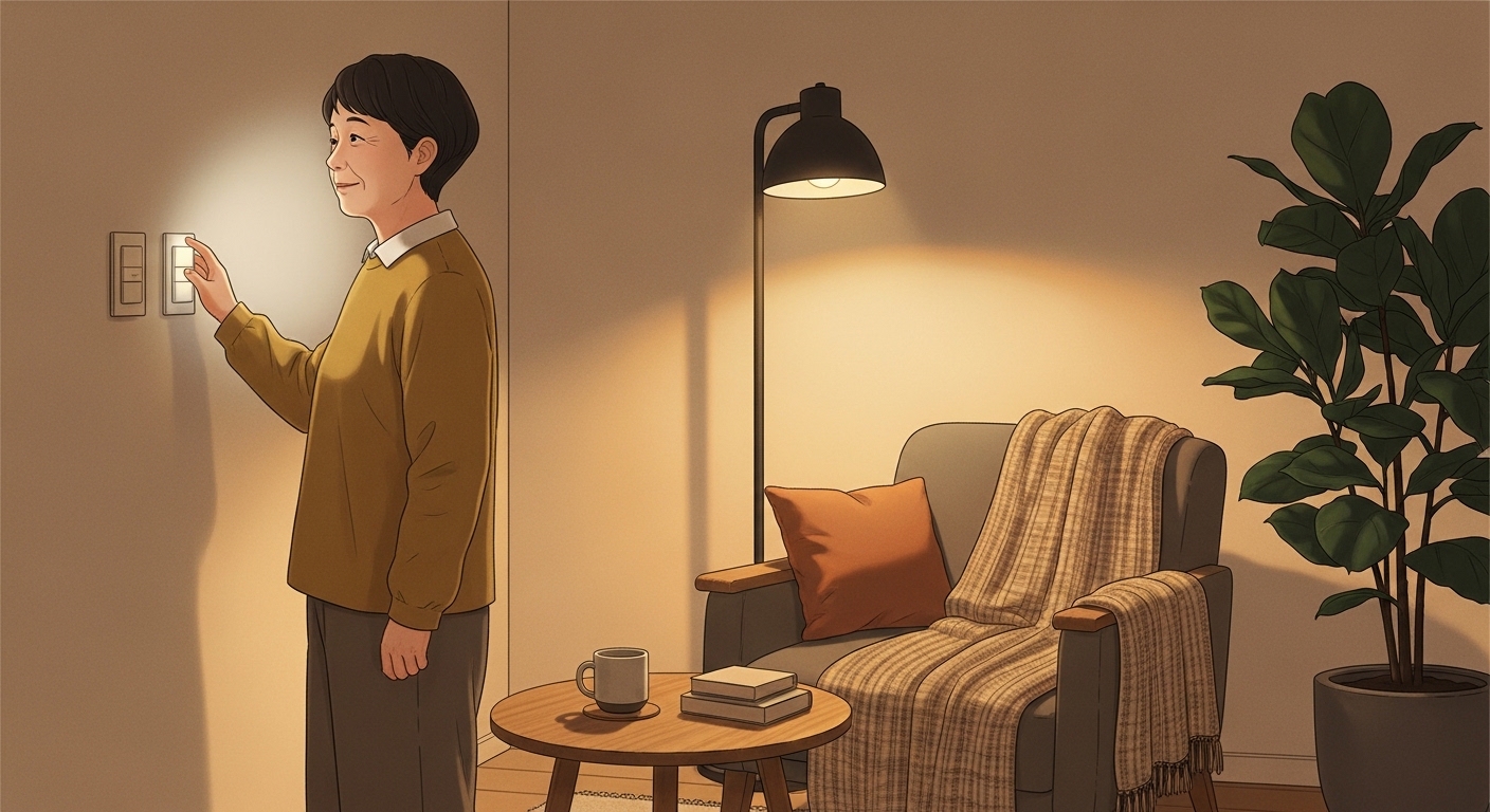 은은한 조명 아래 차분히 휴식을 준비하는 중년의 저녁
