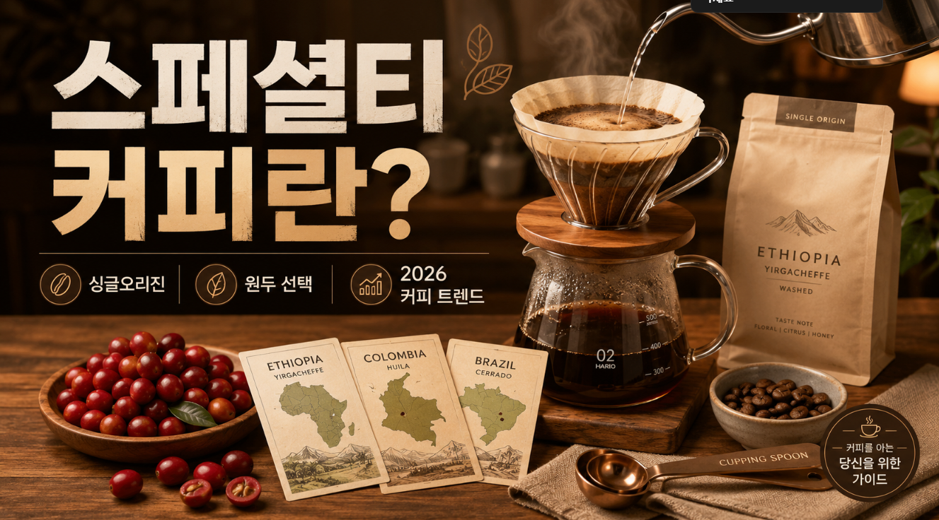 스페셜티 커피와 싱글오리진 원두, 2026 커피 트렌드를 보여주는 썸네일 이미지