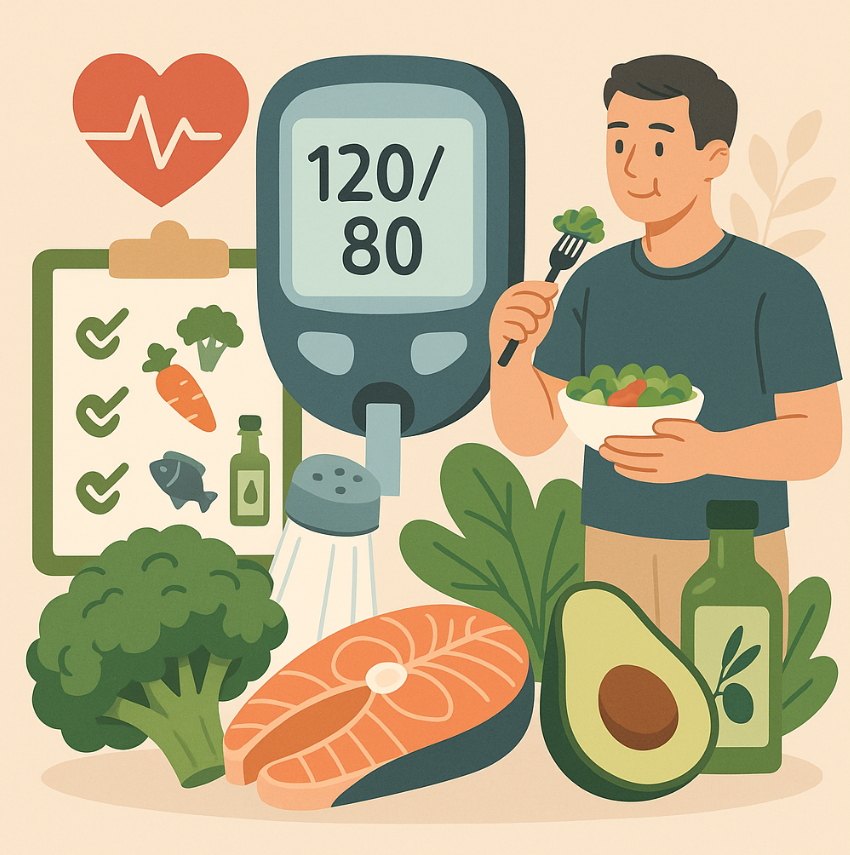 다양한 채소, 통곡물, 생선, 과일이 접시에 조화롭게 담겨 있고, 정상 수치의 혈압계를 보여주는 일러스트