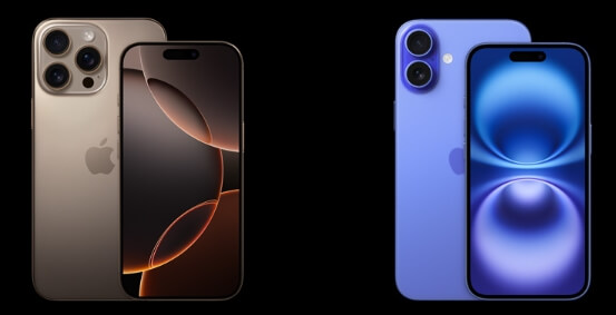 iPhone 17의 프로 모델과 일반 모델을 나란히 비교한 이미지, 각각의 디스플레이와 색상이 강조되어 있습니다