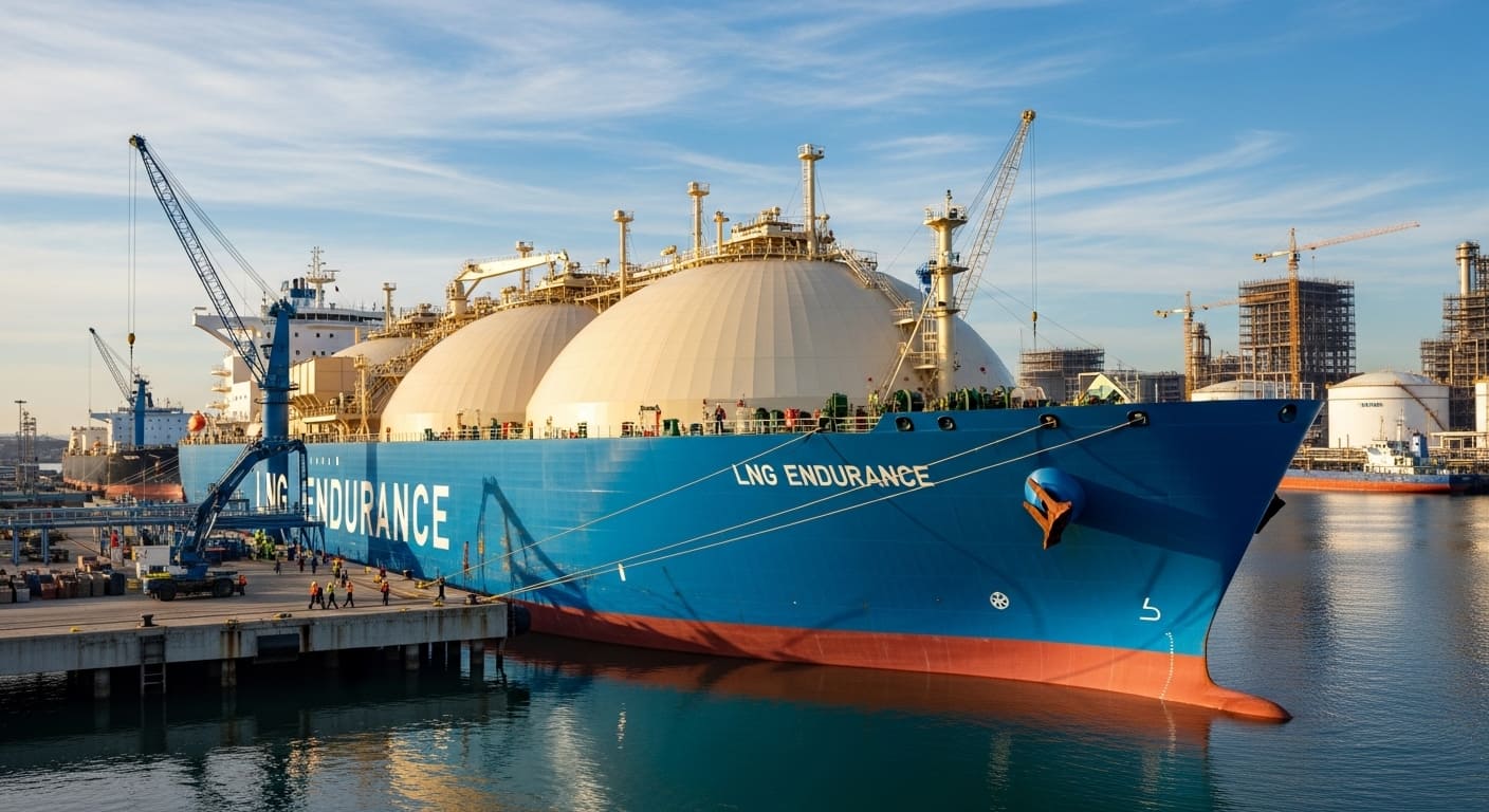 LNG 운반선이 건조되는 조선소 현장