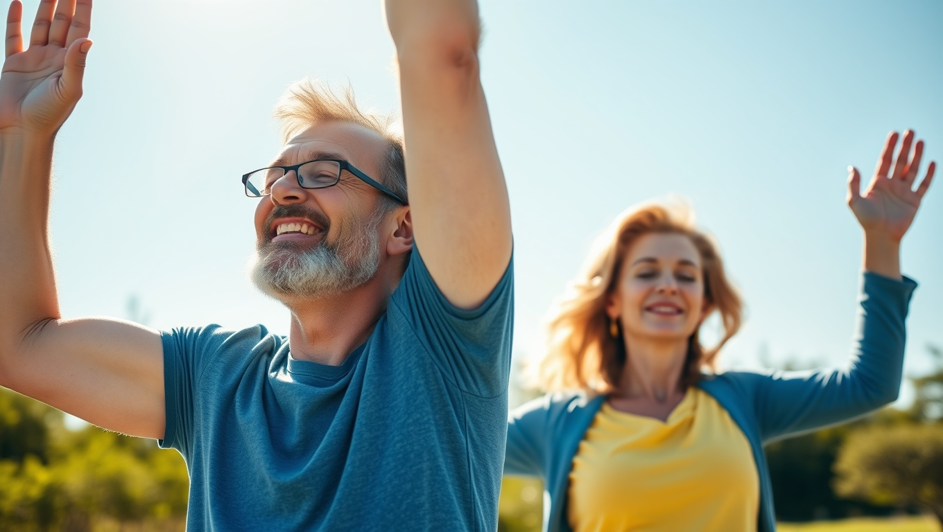 중년의 부부가 건강관리 목적으로 스트레스 해소를 위해 심호흡을 하는 모습