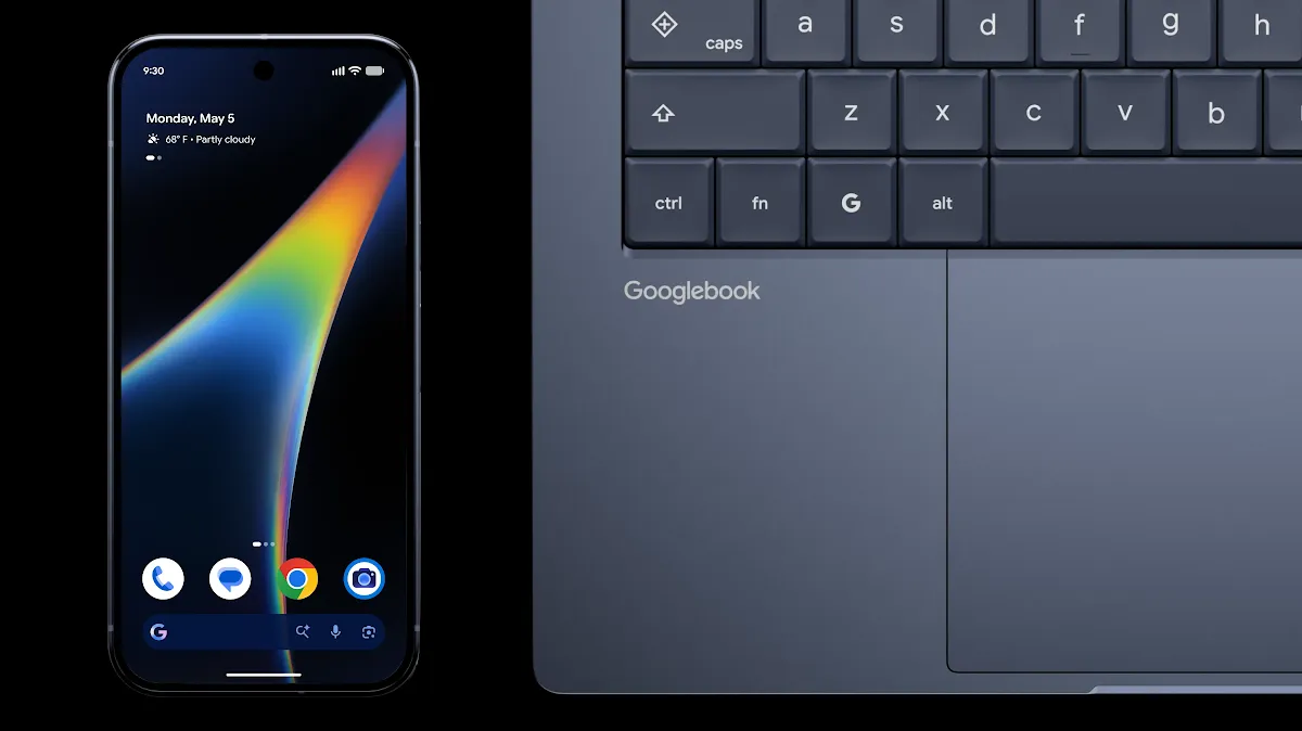 Googlebook과 Android 스마트폰을 함께 사용하는 모습