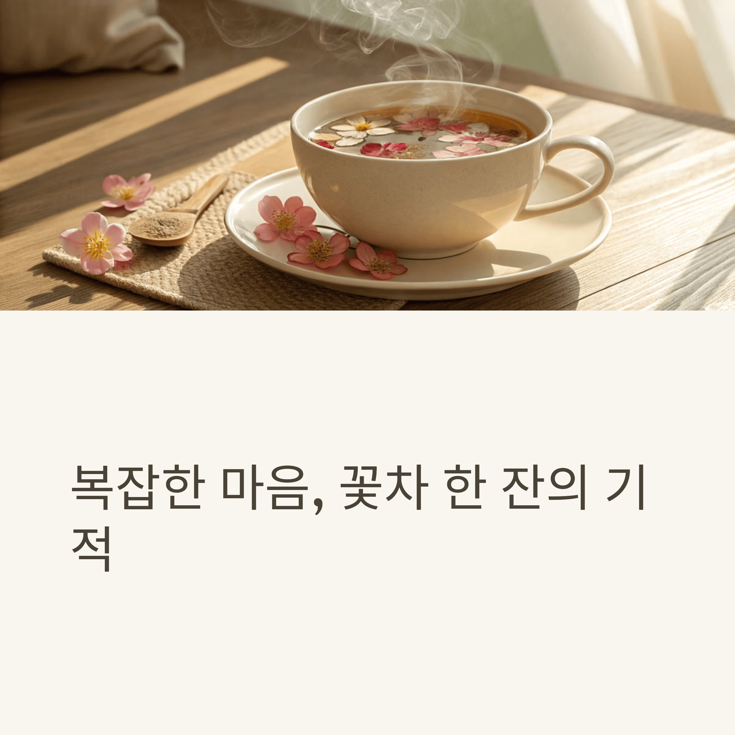 A steaming cup of floral tea with vibrant flower petals floating on surface