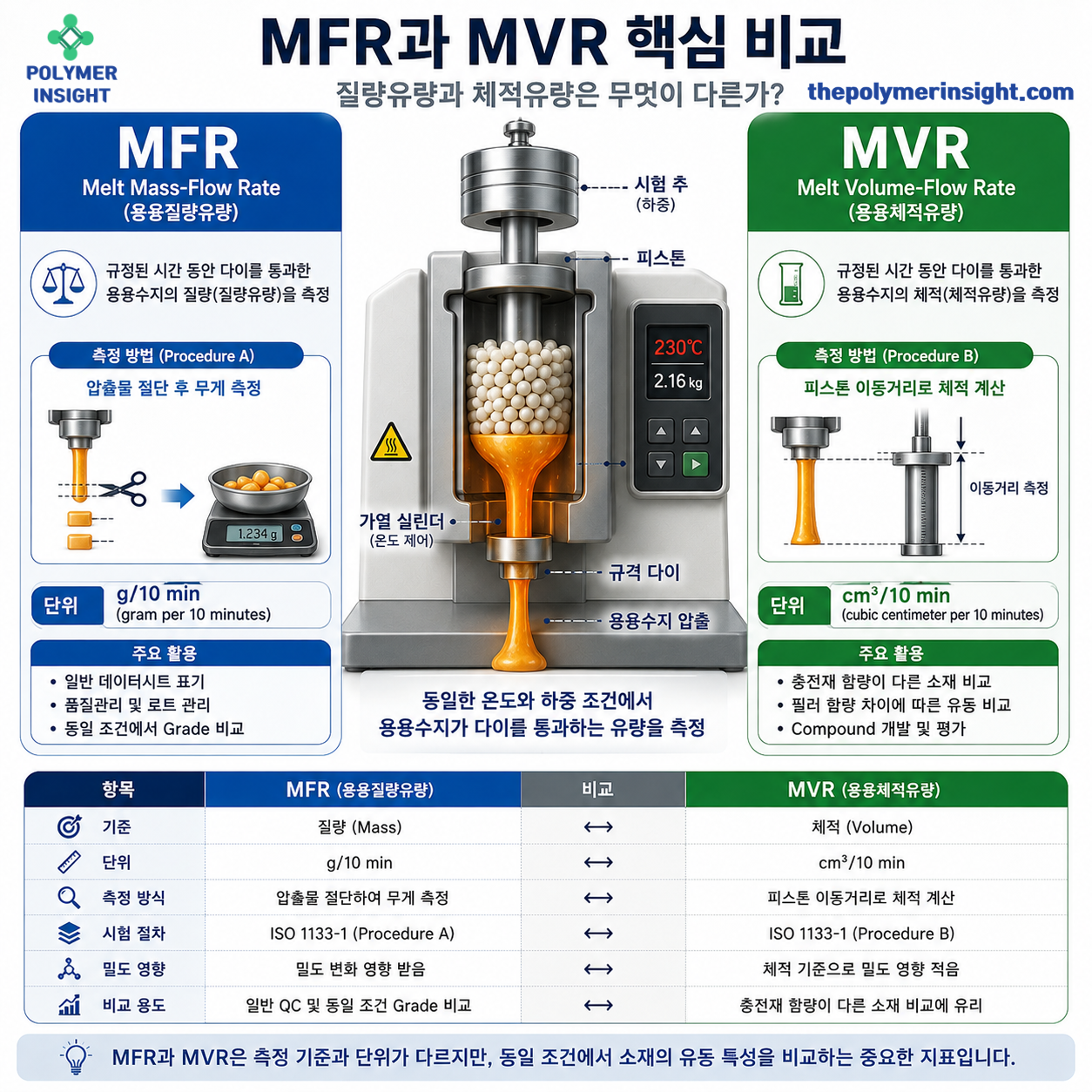 플라스틱 압출 플라스토미터에서 질량기준 MFR과 체적기준 MVR의 측정원리, 단위 및 활용 차이를 비교한 인포그래픽
