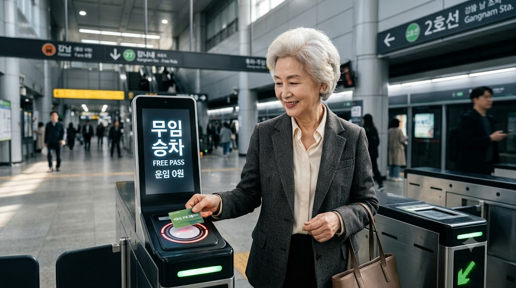 현대적인 대전 지하철 역사 개찰구 단말기에 초록색 어르신 우대 교통카드를 접촉하자 화면에 프리패스 알림과 운임 0원이라는 문구가 실시간으로 표시되며 무상 통과 플래그가 가동되는 장면