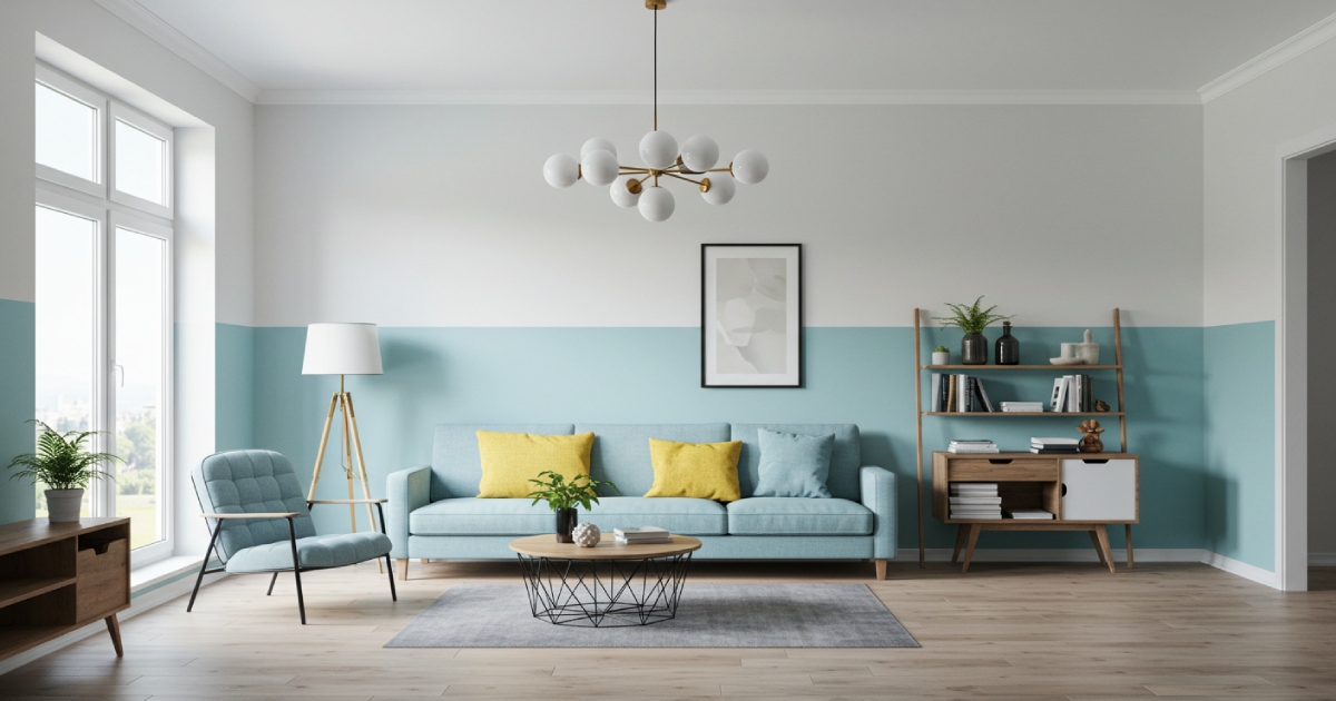 파스텔 블루와 화이트 투톤 벽지를 사용한 넓고 밝은 거실 인테리어