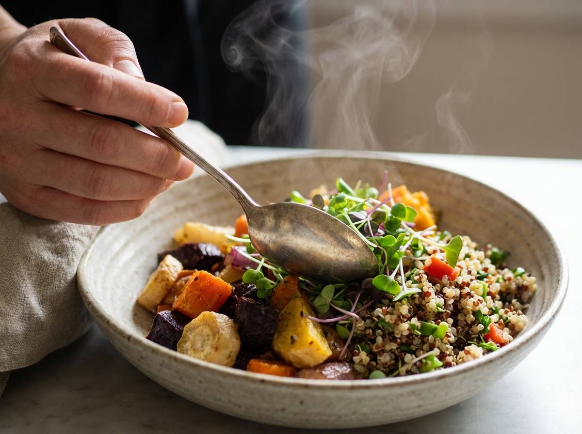 정갈하게 차려진 유기농 식단 앞에서 숟가락을 내려놓고 음식의 색감과 향기를 천천히 음미하는 클로즈업 샷