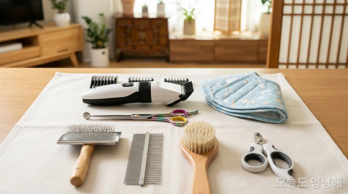 고양이 셀프 미용을 위한 필수 도구들이 깔끔하게 정돈된 모습