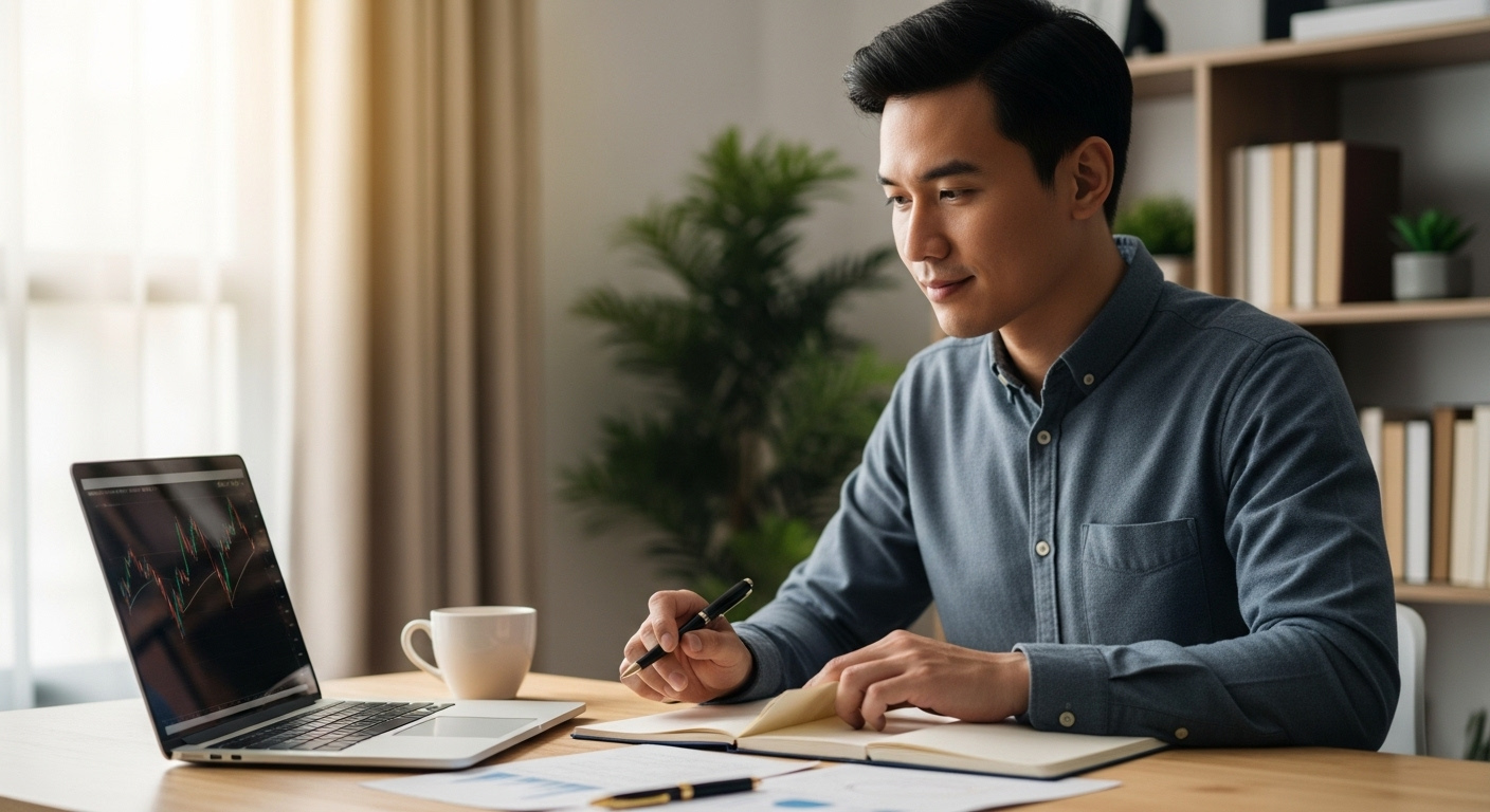 일상적인 투자자가 노트북과 투자 기록을 살펴보며 실패를 줄이는 방법을 고민하는 현실적인 장면