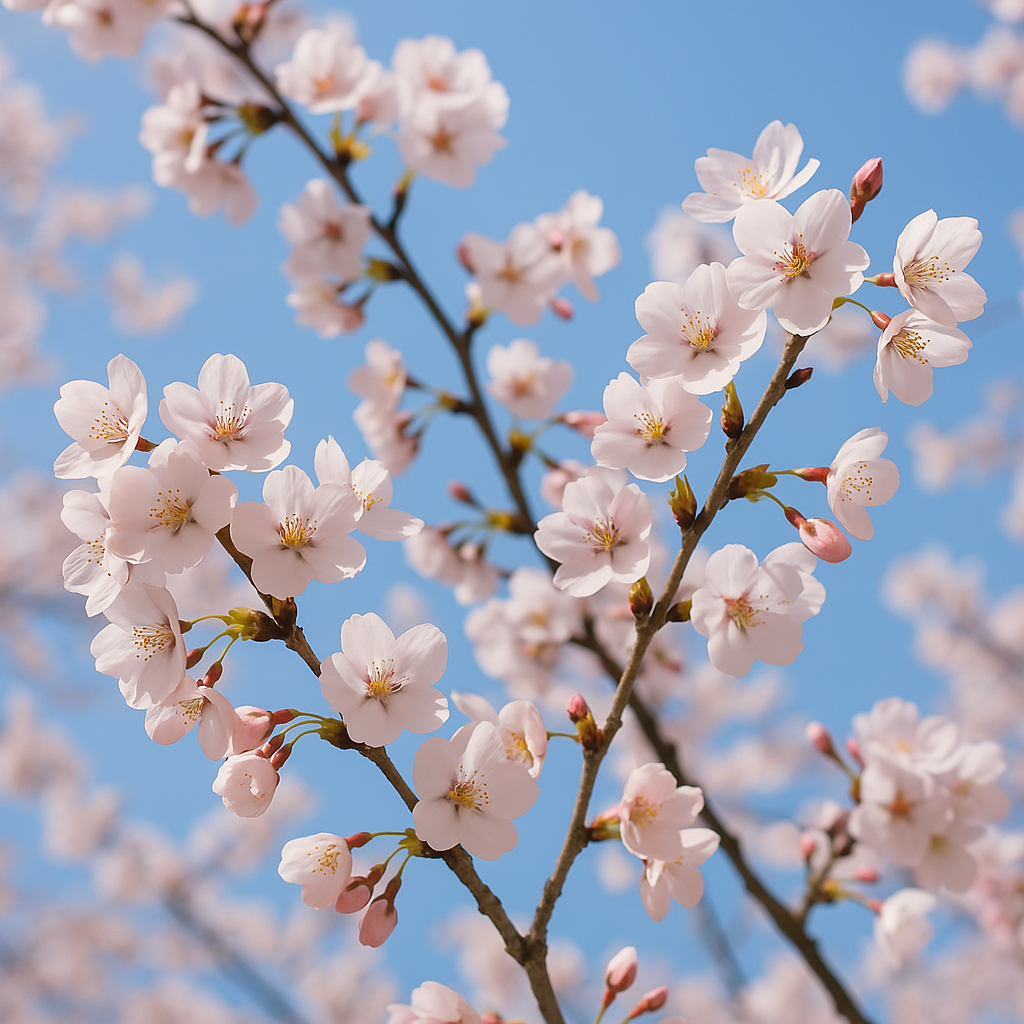봄철을 대표하는 벚꽃이 활짝 핀 벚꽃나무의 가지를 확대한 사진