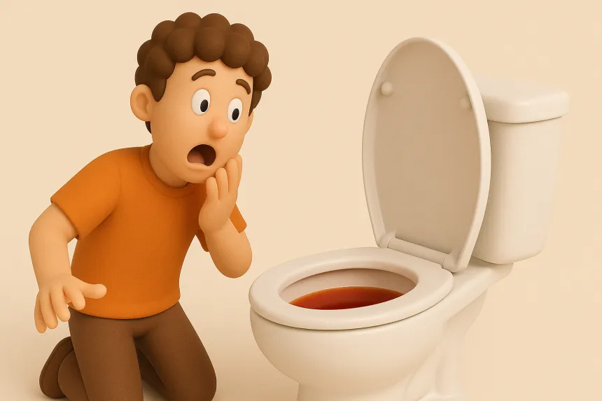 소변색이 적갈색인 걸 보고 놀라는 모습