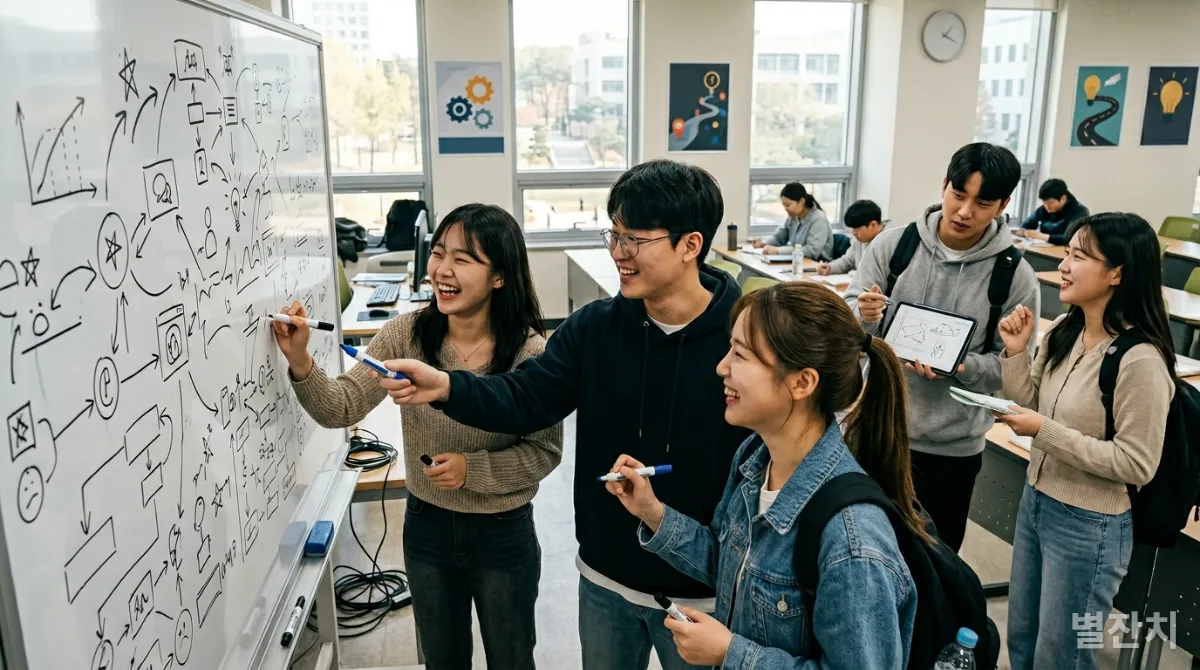 화이트보드 앞에서 협력하며 성장 마인드셋을 보여주는 한국 학생들
