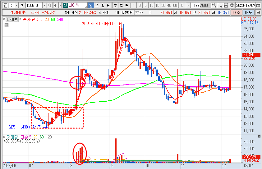 나이벡 주가 일봉 차트 (23.12.7)