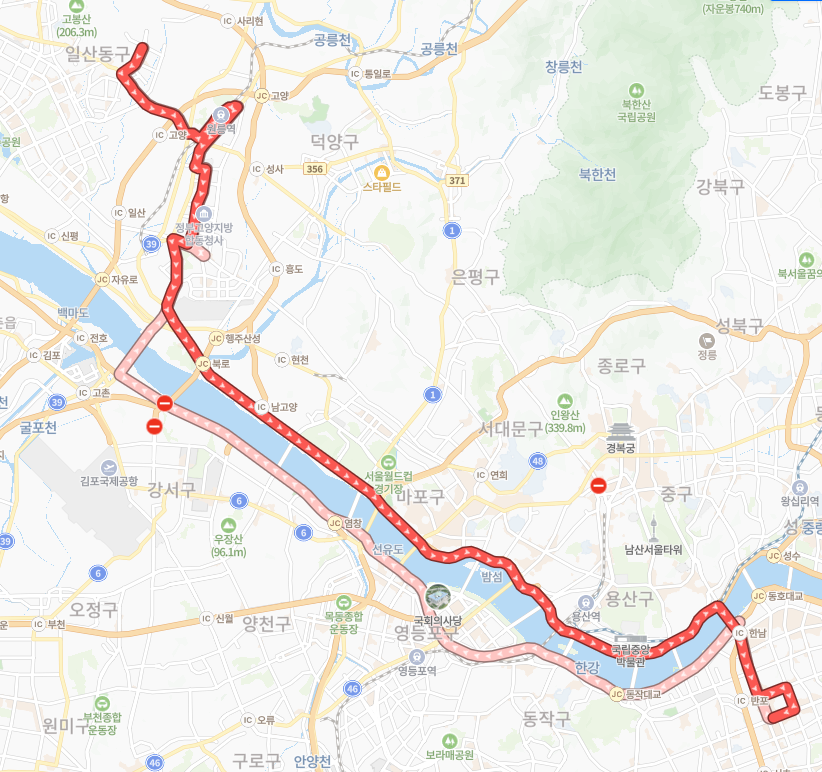 고양-서울-9600번-버스-노선-지도