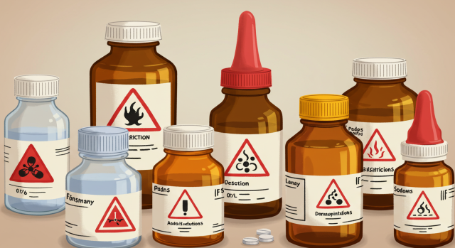 약물병 아이콘과 경고 표시 이미지