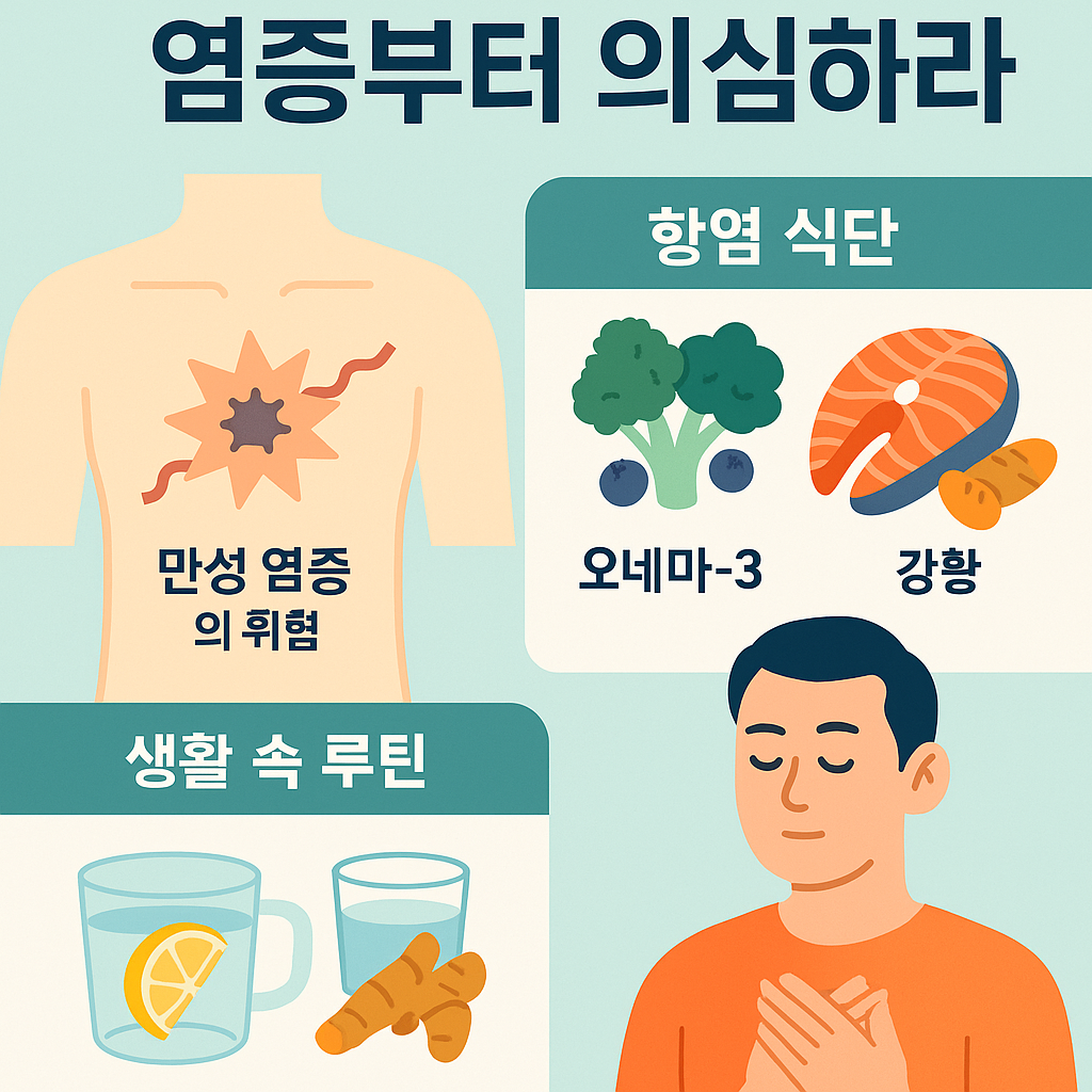 만성 염증을 줄이고 면역력을 회복하는 항염 식습관과 식단 루틴을 설명하는 한국어 인포그래픽 이미지로, 항산화 식품과 오메가3 음식이 삽화로 표현된 플랫 스타일 디자인