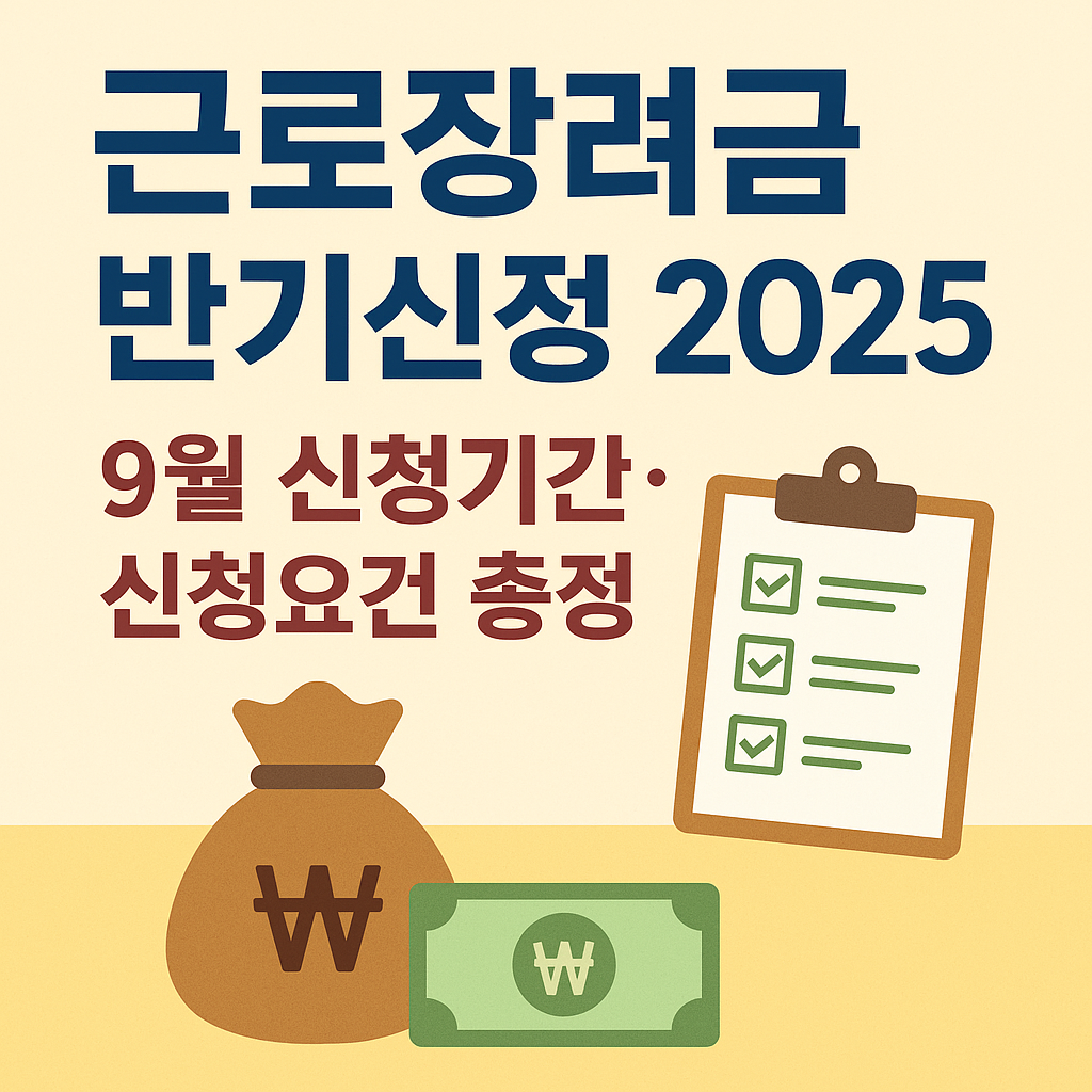 근로장려금 반기신청 2025년 9월 신청기간과 신청요건을 안내하는 인포그래픽, 체크리스트와 돈 봉투 일러스트 포함