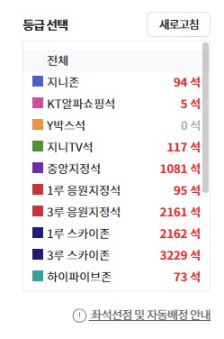 티켓링크 - 중앙지석 안내 화면