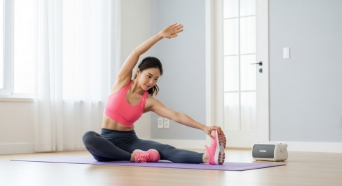 조용한 거실에서 음악 틀고 준비 운동하는 여성