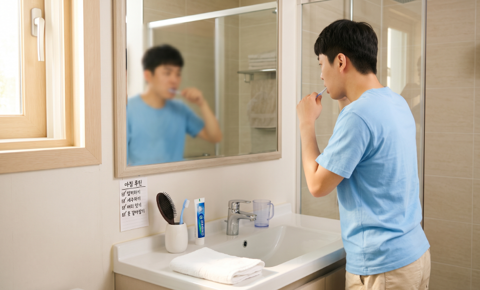 출근을 위해 양치를 하고 있는 모습