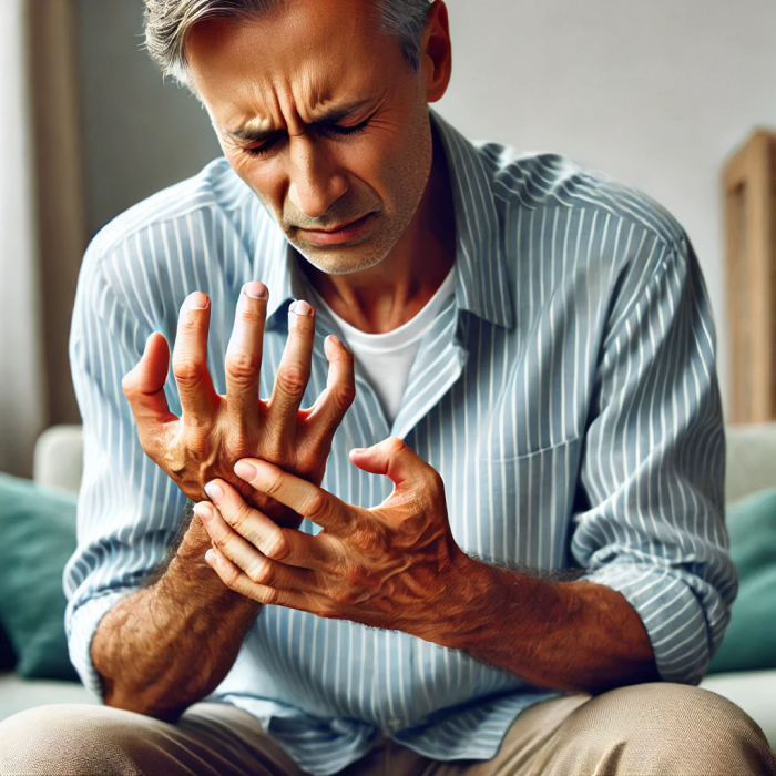 손발 저림 증상을 겪는 중년 남성의 불편한 표정이 담긴 이미지